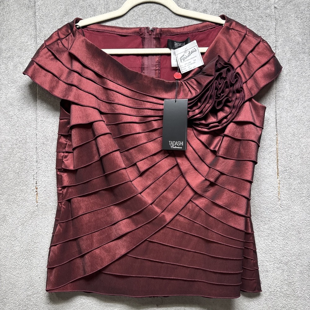 Tadashi‎ Shoji Tiered Rosette Top 14 Merlo Red Vamp Glam Formal Night Out